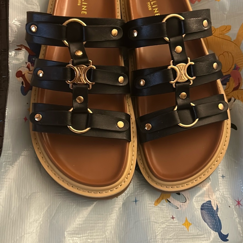 Black Leather Sandals with Gold Accents